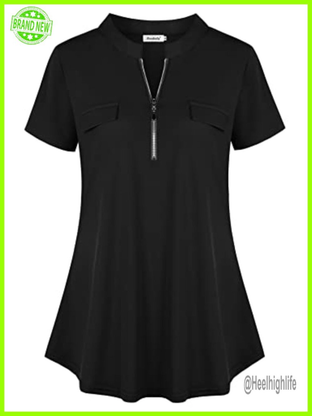 Women's Floral Zip V-Neck Short Sleeve Tunic Blouse Casual Top